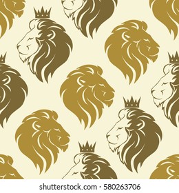 Lions seamless pattern, lion head with crown logo, royal cat profile texture. Vector