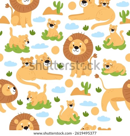Lions seamless pattern. Lionesses and little cubs. African nature. Predators of feline family. Repeated kids print. Safari mammals. Cute leo pride. Savannah fauna. Vector