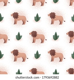 Lions seamless pattern. Vector seamless pattern of lion and green plant with soft pastel colors. Pattern for fabric design, wallpaper, decor and background. Animals king lion fashion textile design