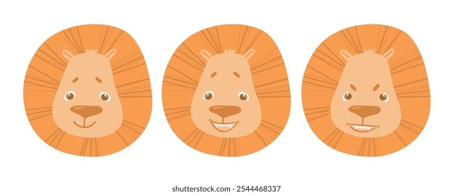 Las expresiones faciales del conjunto del león son emociones diferentes, Ilustración vectorial simple plana