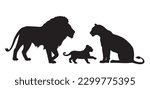 Lions. Silhouette of lion and lioness with young lion cub. Animal Family. Isolated. Vector illustration