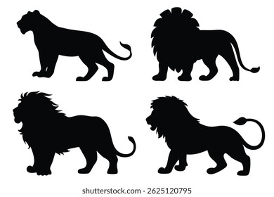 Lions silhouettes set isolated flat vector illustration on white background