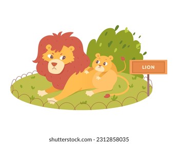 Lions sitting together on green lawn of zoo vector illustration. Cartoon isolated funny family scene with big king dad and adorable happy cub, savannah and jungle lions, habitats with paws and tail