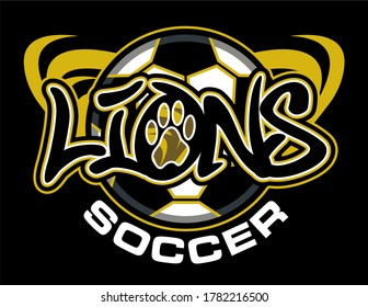 lions soccer team design with paw print and ball for school, college or league