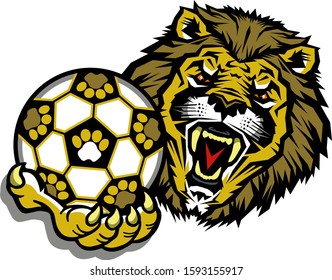 lions soccer team mascot holding ball in claw for school, college or league