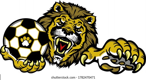 lions soccer team mascot holding ball in claw for school, college or league