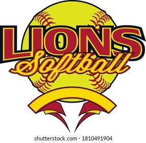 Lions Softball Design With Banner and Ball es una plantilla de diseño de equipo que incluye un gráfico de softball, texto superpuesto y un banner en blanco con espacio para su propia información. Excelente para publicidad y