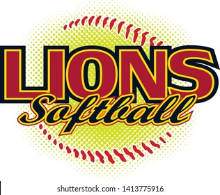 Lions Softball Design is a lions mascot design template that includes team text and a stylized softball graphic in the background. Great for team or school t-shirts, promotions and advertising.