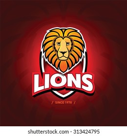 'Lions' sport team logo template. Lion head on the shield. T-shirt graphic, badge, emblem, sticker. Vector illustration.