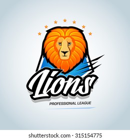 'Lions' sport team logo template. Lion head mascot. Sports athletic league event badge graphic, logotype, t-shirt graphic, emblem, sticker, banner, icon. Vector illustration.