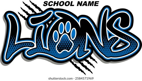 lions team name with paw print for school, college or league sports