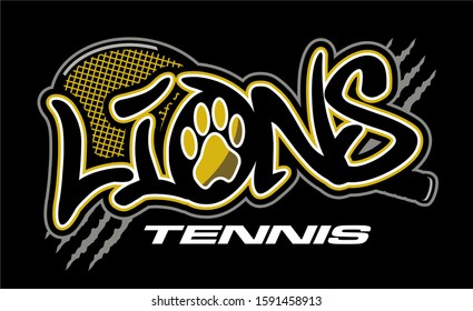 lions tennis team design with paw print and racquet for school, college or league