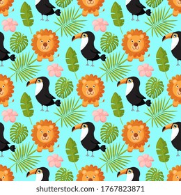 Lions, toucans and palm leaves seamless pattern. Jungle animals with tropical plants print. Fashion safari design for textile, wallpaper, fabric. Vector illustration