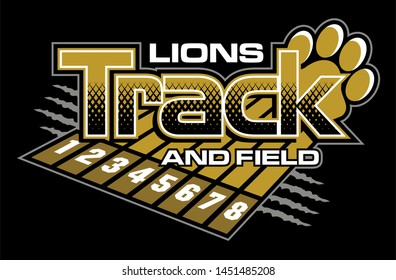 lions track and field team design with track lanes and paw print for school, college or league