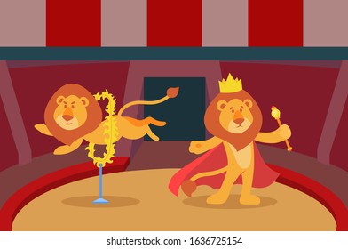 Lions trick animal fire performance in circus arena vector illustration. Fun art entertainment festive carnival wild jumping lion trained cute artist show with burning ring.