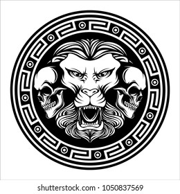 Lions and two skull with circle in black and white