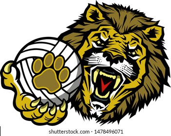 lions volleyball team mascot holding ball in claw for school, college or league