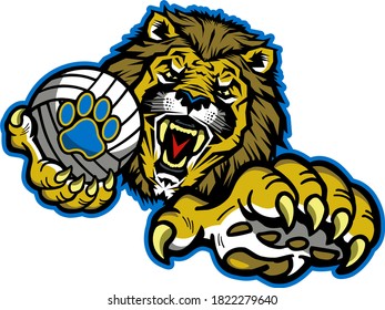 lions volleyball team mascot holding ball in claw for school, college or league