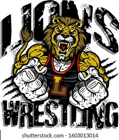 lions wrestling team design with muscular mascot for school, college or league