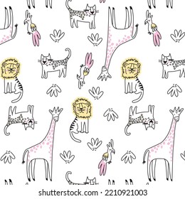 Lions,giraffes,parrots cute animals pattern for kids wear