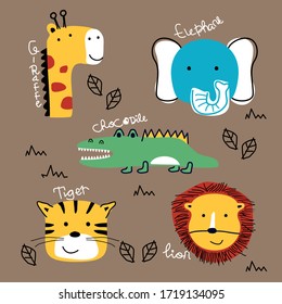 lion,tiger, crocodile, elephant, giraffe funny animal cartoon, vector illustration