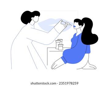 Ilustración vectorial de concepto abstracto de aumento de labios. Cosmetóloga haciendo inyección de ácido hialurónico a la mujer, cirugía plástica, procedimiento de aumento de labios, metáfora abstracta de realce facial.