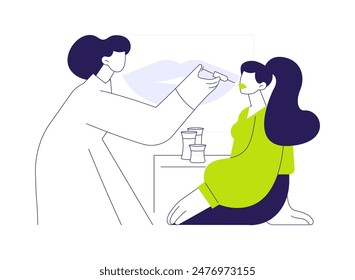 Ilustración vectorial de concepto abstracto de aumento de labios. Cosmetólogo haciendo inyección de ácido hialurónico a la mujer, cirugía plástica, procedimiento de aumento de labios, metáfora abstracta de realce facial.