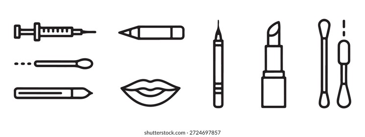 Lippenvergrößerung und Make-up-Tools Linie Symbole Set enthält Spritze Lippenstift Bleistift Applikator Baumwolle Tupfer Vektor kosmetische Vorrichtung