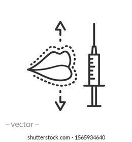 lip augmentation procedure icon, lips thin line web symbol isolated on white background - editable stroke vector illustration eps10