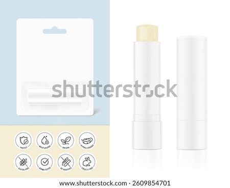 Lip balm care mockup with hang blister packaging. Front view. Realistic vector illustration isolated on white and colour background. Can be use for your design, advertising, promo and etc. EPS10.