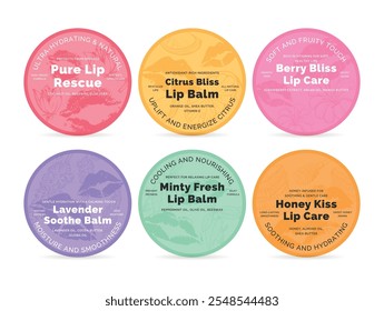 Lip balm circle label with engraved silhouette elements design template set vector illustration. Lips moisturizer hydration care cosmetic product round sticker badge with fruits mint flowers