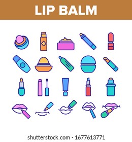 Lip Balm Cosmetic Collection Icons Set Vector. Lip Balm Package And Containers, Tube And Lipstick Fashion Beauty Accessory Concept Linear Pictograms. Color Contour Illustrations