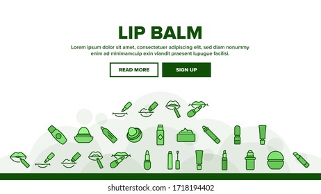Lip Balm Cosmetic Landing Web Page Header Banner Template Vector. Lip Balm Package And Containers, Tube And Lipstick Fashion Beauty Accessory Illustrations