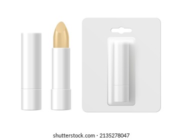 Lip balm or hygienic lipstick tube blank template, realistic vector illustration isolated on white background. Lip balm container and blister packaging.