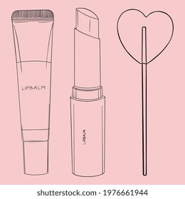 Lip Balm. Lipstick. Heart shape lollipop on stick. Candy. Millennials and zoomers lifestyle. Cute Hand drawn illustration. Digital art. Transparent icon, isolated on background. Vector EPS10