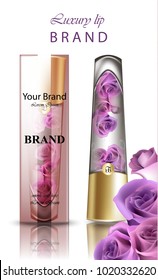 Lip balm with rose flower scent mock up. Cosmetics realistic Vector. Product packaging design. Lipstick tubes gentil fragrances