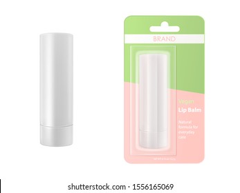 Lip balm stick isolated on white background. Vector mockup with realistic blank tube and hygienic lipstick in package. Template of pack for vegan cosmetics with natural formula for everyday care