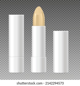 Lip balm stick opened and closed in realistic 3d style, vector illustration isolated on transparent background. Moisturizing beauty and skin care product mockup.