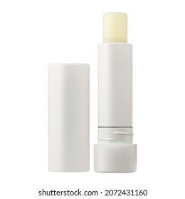 Lip balm stick. White lipstick tube, beauty cosmetic packaging blank. Lip care moisturizing product package. Hygienic lip balsam open pack mock up template. Natural lip treatment closeup