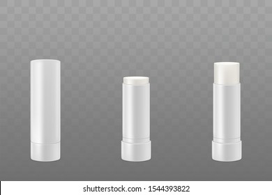 Lip balm sticks or hygienic lipstick cosmetic packaging set. White blank closed and opened tubes isolated on transparent background. Design template mockup. Realistic 3d vector illustration, clip art