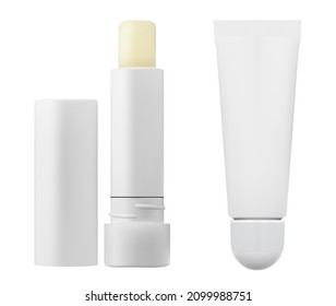 Lip balm tube mockup. Lipstick gloss cosmetic container vector package template. Woman decorative lip moisture tube, lip care ointment or moisturizer balsam. Beauty products cream mock up