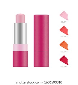 Lip balm tube. Vector lip gloss blank paper, cardboard pink container. Makeup product template opened and closed isolated on white background. Lipstick color swatch set.