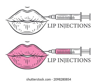 Incremento de la inyección de belleza por medio de un icono de línea de llenado de ácido hialurónico. Jeringa médica para el procedimiento de cosmetología. Corrección de la boca femenina. Enfrentar el rejuvenecimiento de la piel. Vector estético de cirugía plástica