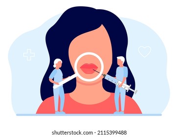 Lip Beauty Injection Woman For Augmentation Volume. Beauty Injections And Aesthetic Cosmetology On Face. Beautician Doing Medical Cosmetic Correction And Procedure On Face. Vector Illustration