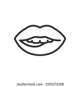 lip biting, teeth , mouth lips, linear icon. Editable stroke