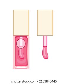 Lip comfort oil, lipgloss in pink. Trendy cosmetic element- skincare oil for dry lips.