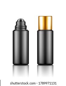 Lip, eye roller black and gold bottle with cream, serum, essential oil for lifting, care, wrinkle prevent. Blank cosmetic product container mockup. Packaging design. 3d realistic vector illustration