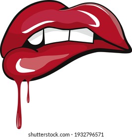 Lip fetish. Vector. Vulgar sexy lips in splash of paint. Red dripping girl lips. For adults. White background with red polka dots. International fetish day. Erotic print.