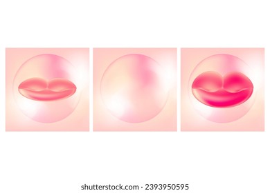 Lámina antes y después del efecto. Plantilla de medios sociales. Los labios de ciruela frente al fondo cuadrado rosado. Copiar espacio. Perfecto para la industria de la belleza o la cosmetología estética.