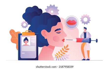 Lip filler concept. Cosmetologist injects remedy into womans face, beauty, cosmetic procedures. Advertising poster or banner for website. Change in appearance. Cartoon flat vector illustration - Shutterstock ID 2187958339
